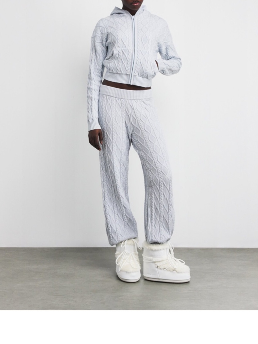 SKIMS Cable-Knit Hooded Sweatpants in Light Blue